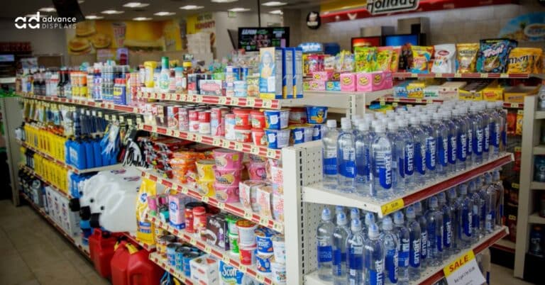 Collapsed store shelving showing product damage from mismatched parts.