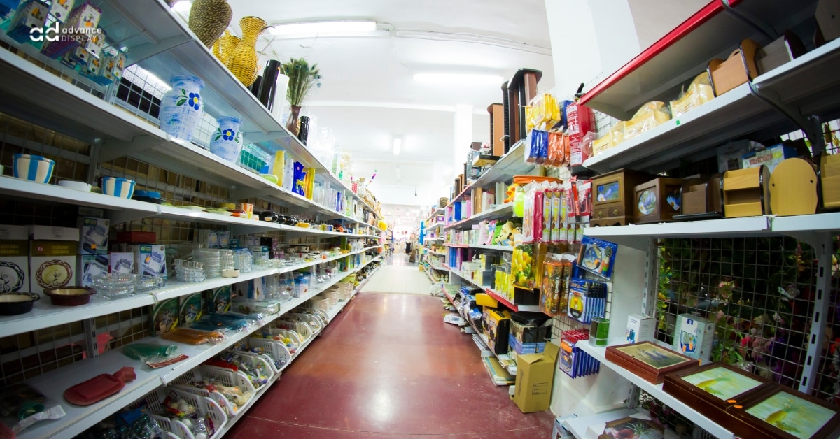 Lozier gondola shelving in a retail store aisle.