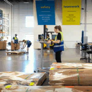 Forklift moving palletized fixture cartons inside a high-throughput warehouse